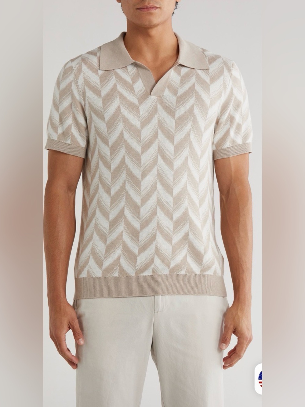 Ellie Tahari Men's Silk and Cotton-Blend Knit Polo in Beige and Cream